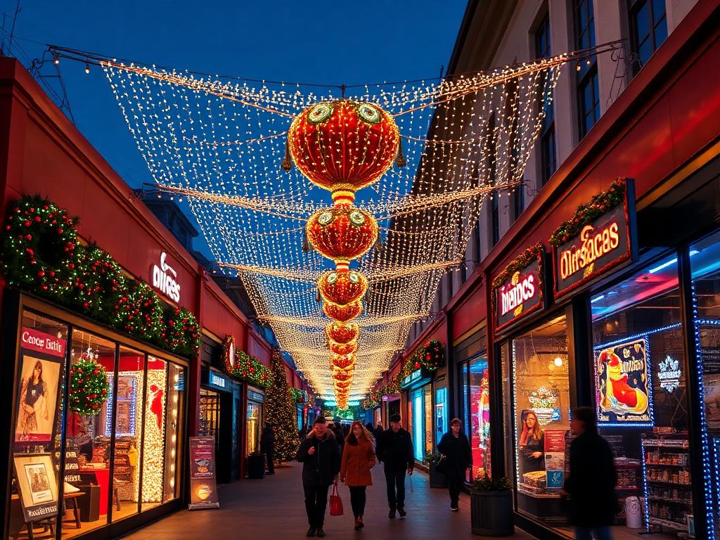 Shopping center holiday lighting display for commercial Christmas light installation in the Colorado Front Range service area